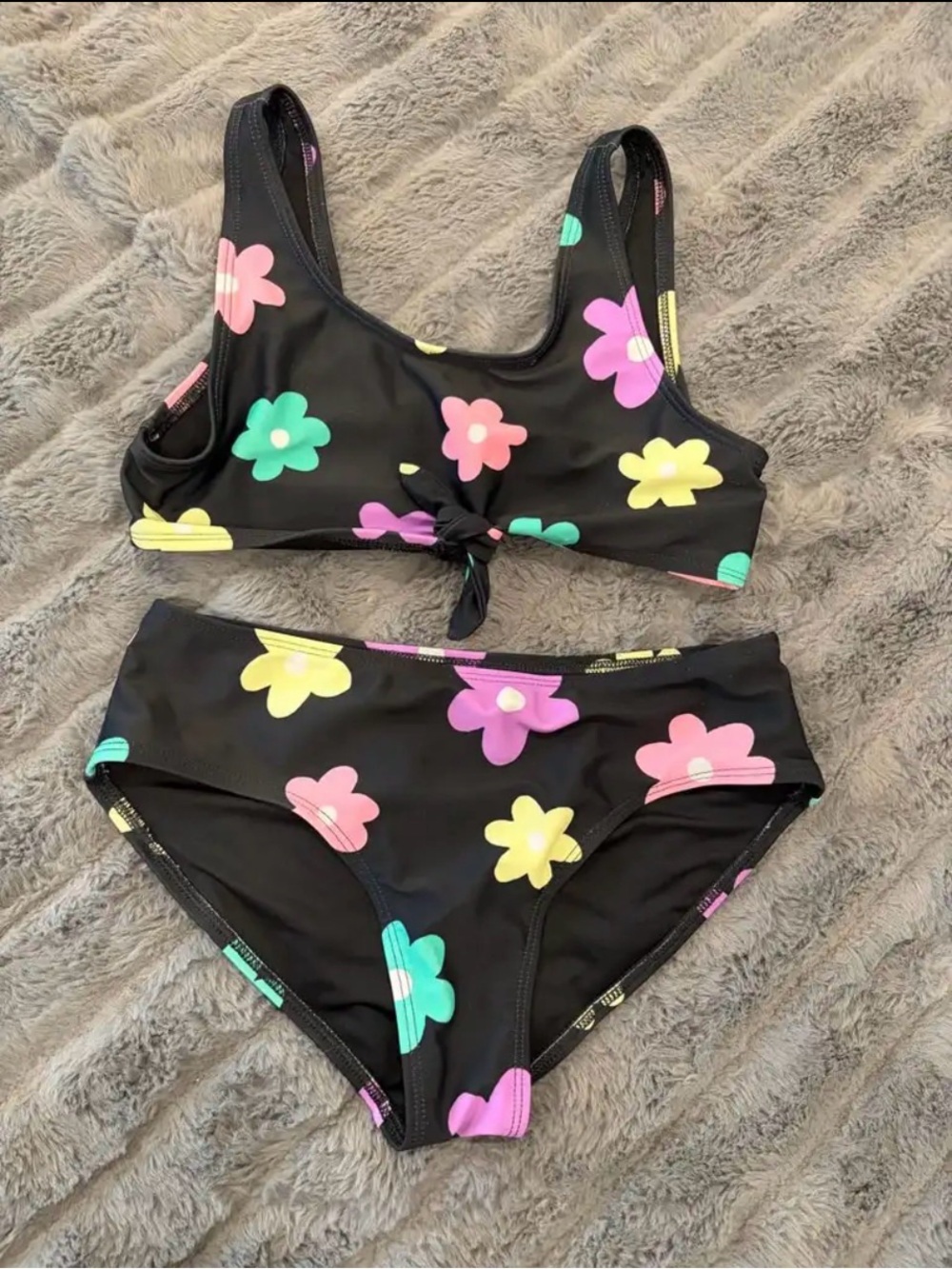 Old Navy Black Floral Print Girls Two-Piece Swim Set